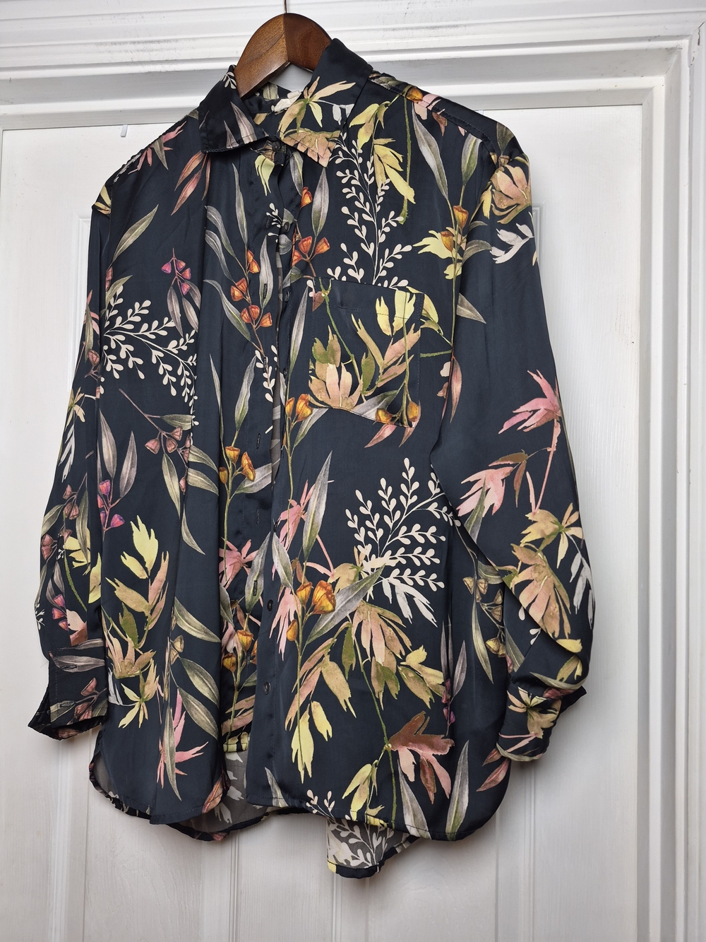 Elan Dark Floral Button-Down Shirt in Black with Pink, Yellow & Green Accents M